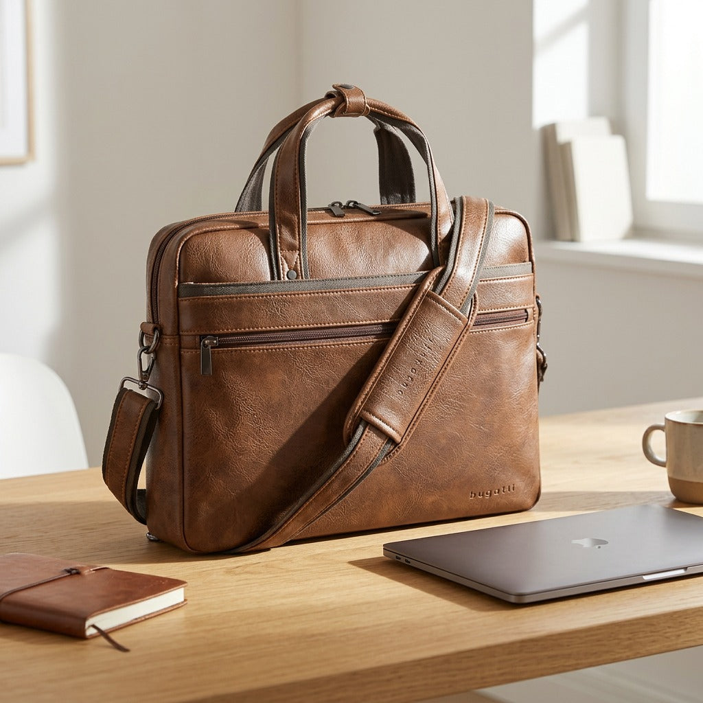 Cognac vegan leather Bugatti Valentino Briefcase on a wooden desk with a laptop and notebook.