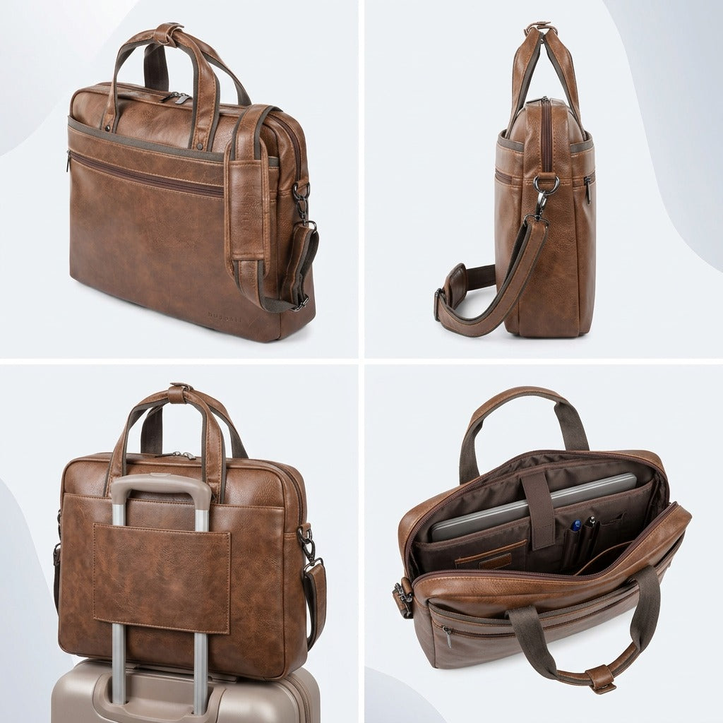 Four-view matrix of the Bugatti Valentino Cognac briefcase showing front, side, trolley pass-through, and open interior.