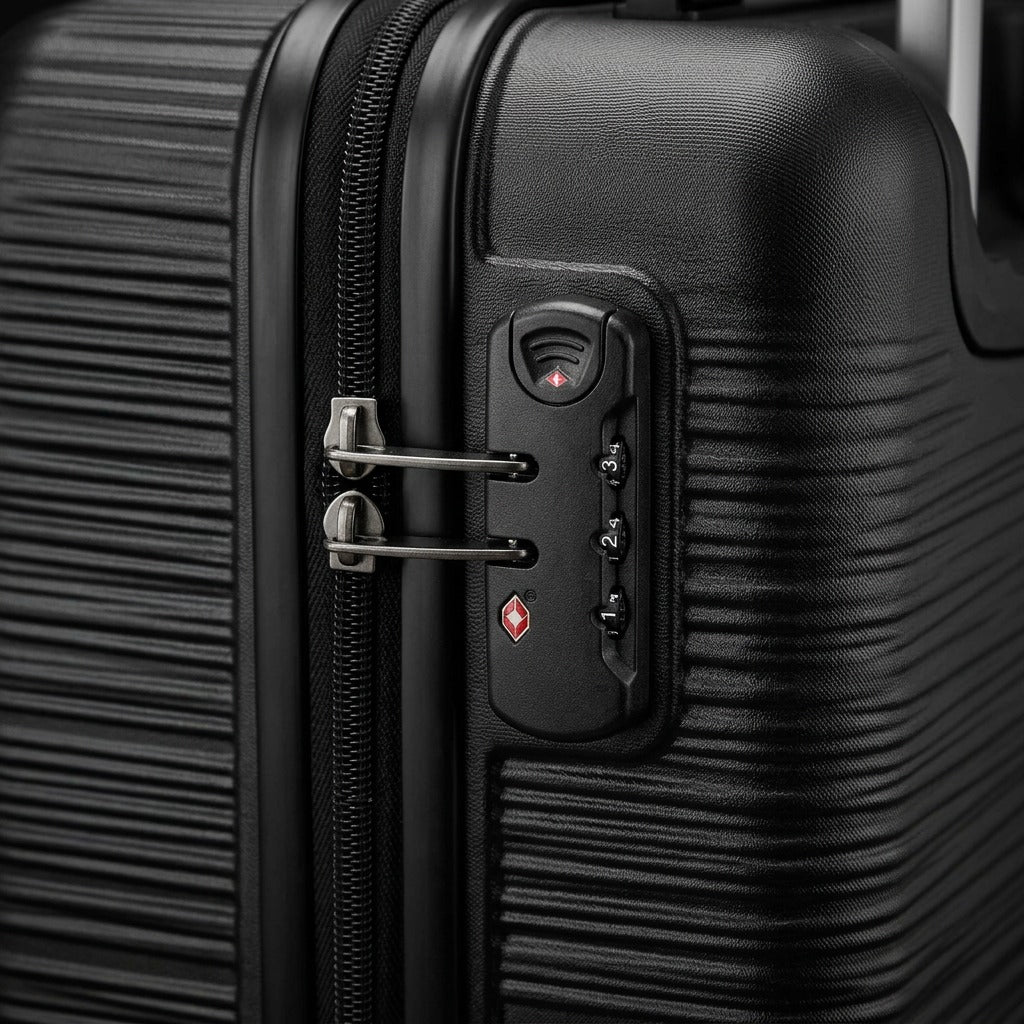 Close-up of the integrated TSA-approved combination lock and textured black shell on Bugatti luggage.