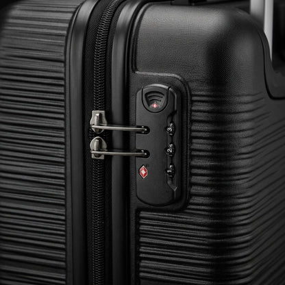Close-up of the integrated TSA-approved combination lock and textured black shell on Bugatti luggage.