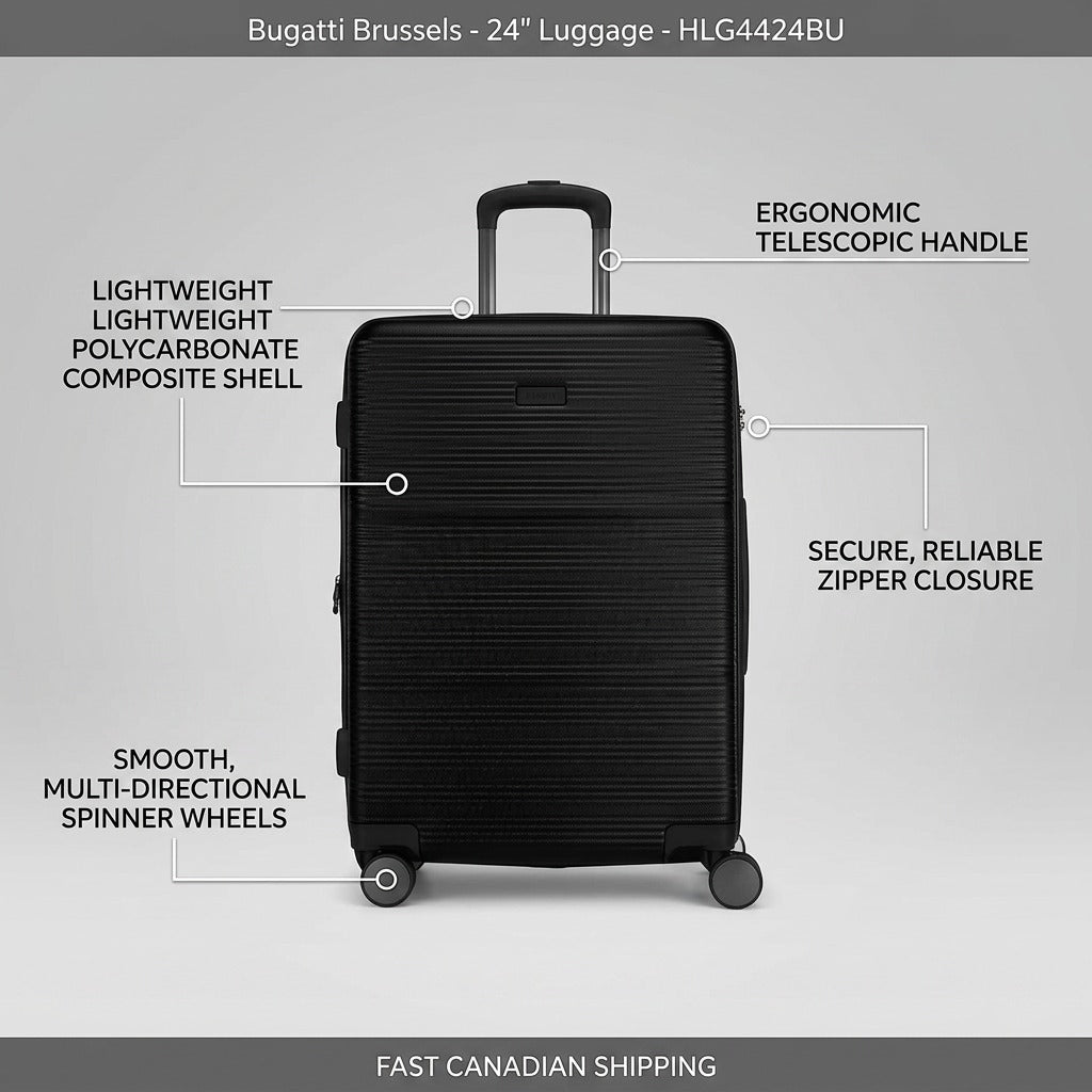Bugatti Brussels 24-inch luggage features: polycarbonate shell, telescopic handle, and spinner wheels.