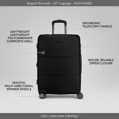 Bugatti Brussels 24-inch luggage features: polycarbonate shell, telescopic handle, and spinner wheels.