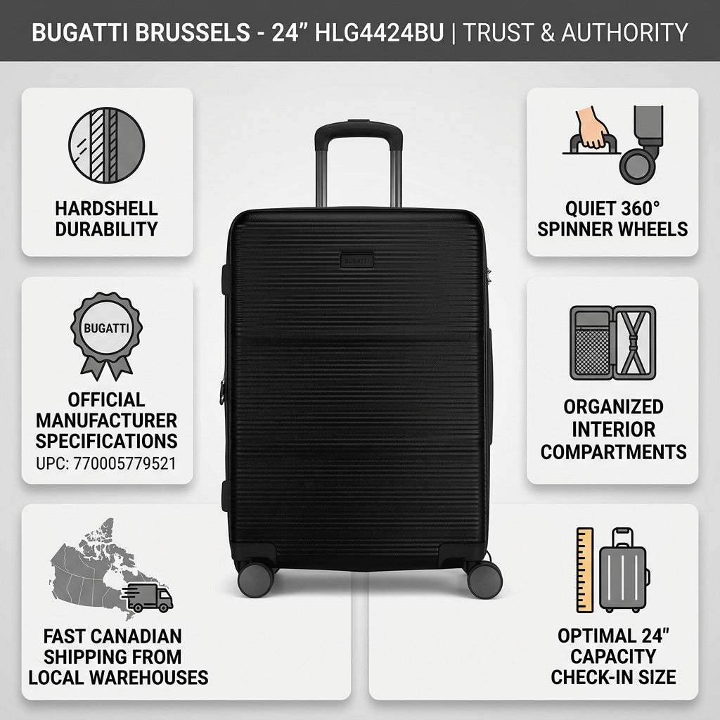 Infographic for Bugatti Brussels 24-inch luggage highlighting hardshell durability and spinner wheels.
