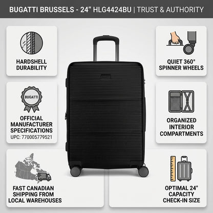 Infographic for Bugatti Brussels 24-inch luggage highlighting hardshell durability and spinner wheels.