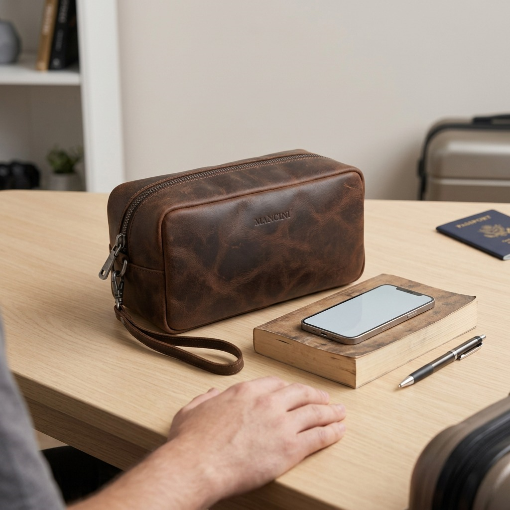 Brown Mancini Buffalo Leather Toiletry Kit on a desk beside a smartphone for scale reference.