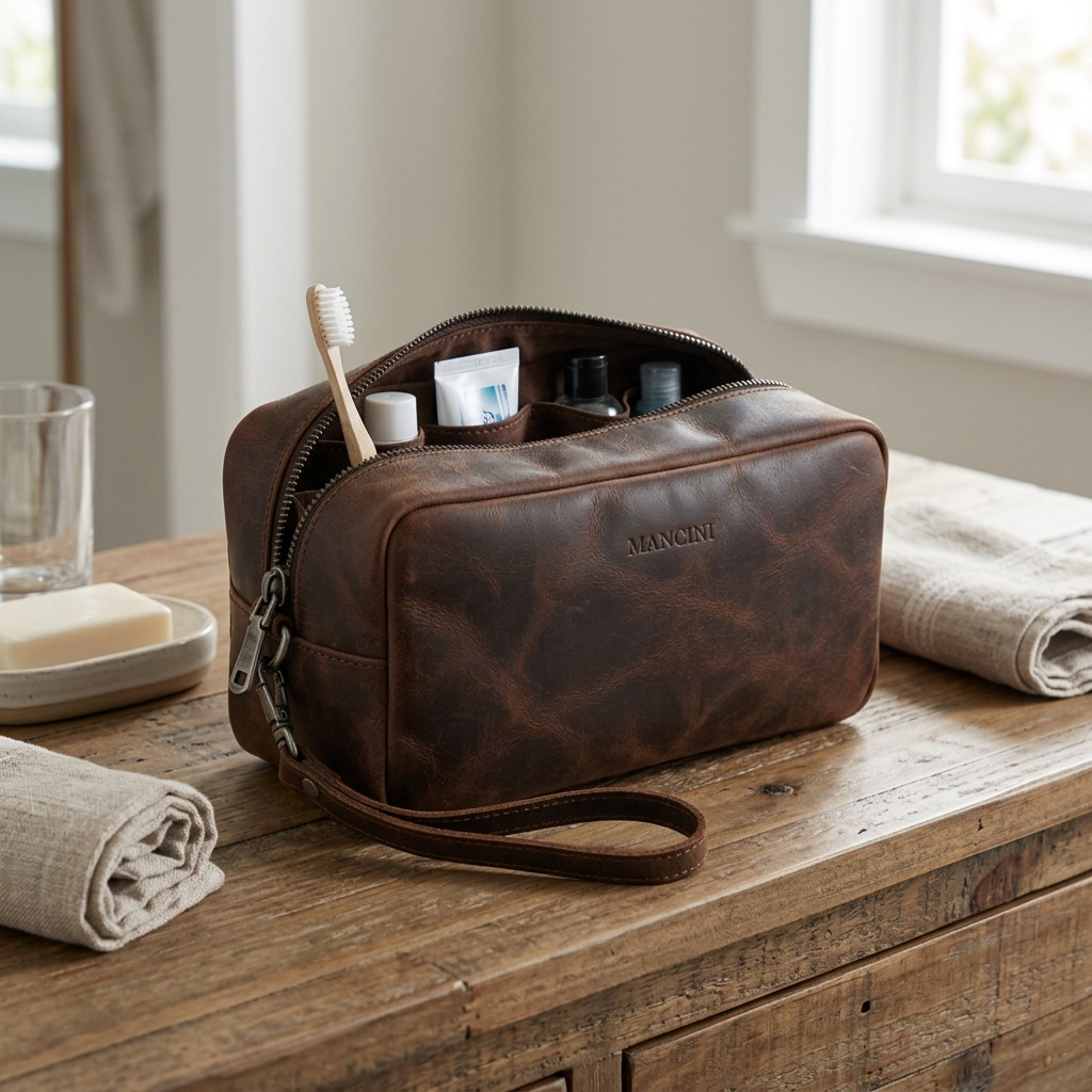 Brown Mancini buffalo leather toiletry kit on a wooden counter with a toothbrush and towels.