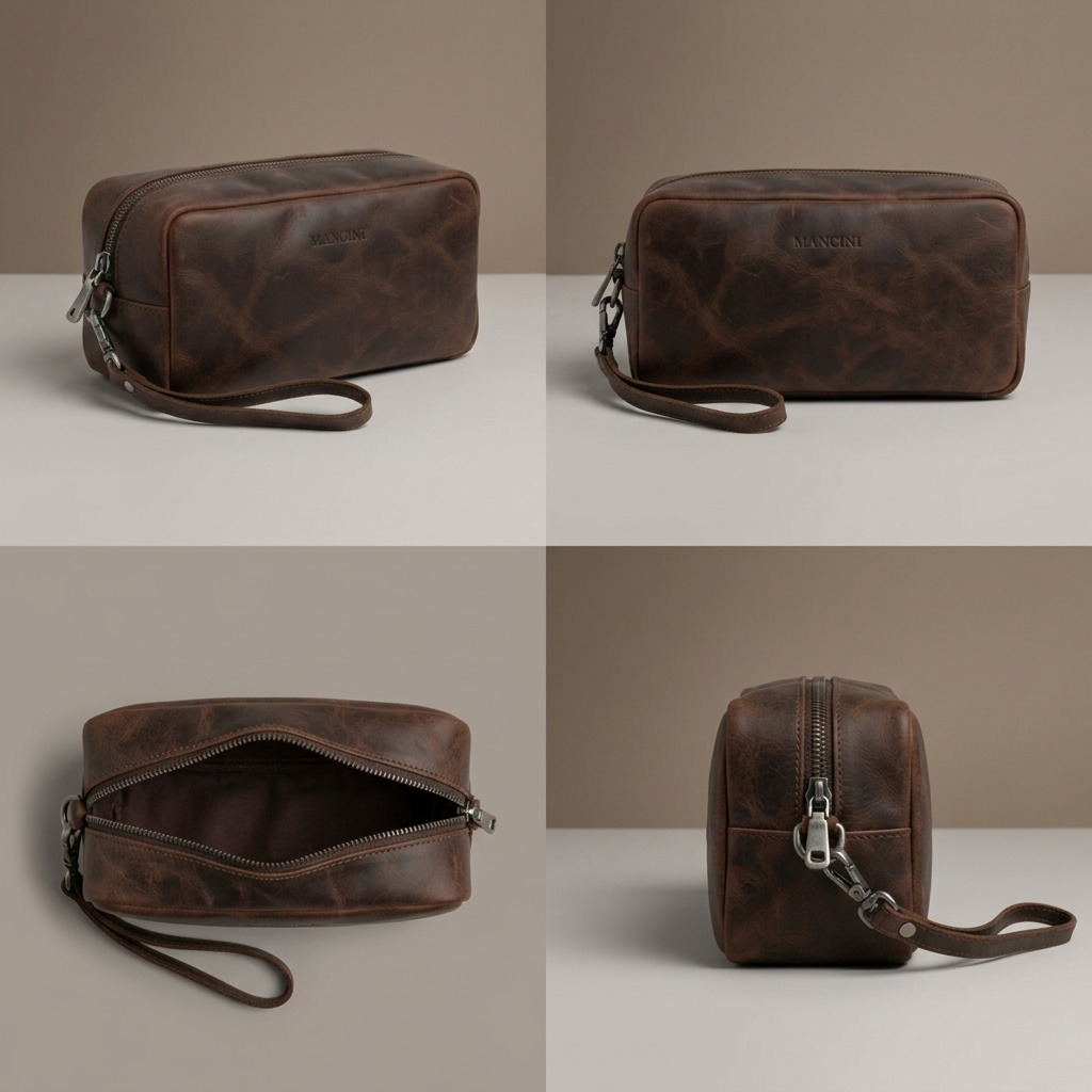 Four angles of the Mancini brown buffalo leather toiletry kit showing front, side, and open views.