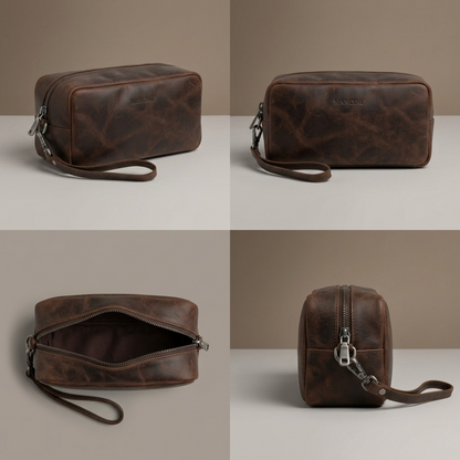 Four angles of the Mancini brown buffalo leather toiletry kit showing front, side, and open views.
