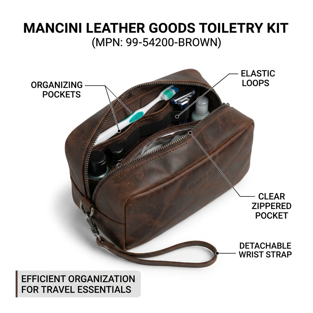 Brown Mancini Leather Toiletry Kit callouts highlighting pockets, elastic loops, and wrist strap.