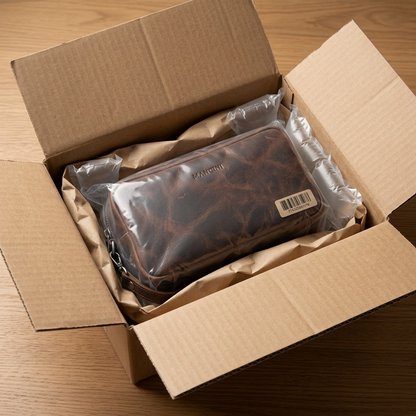 Brown Mancini leather toiletry kit inside a shipping box with protective air pillows and paper.