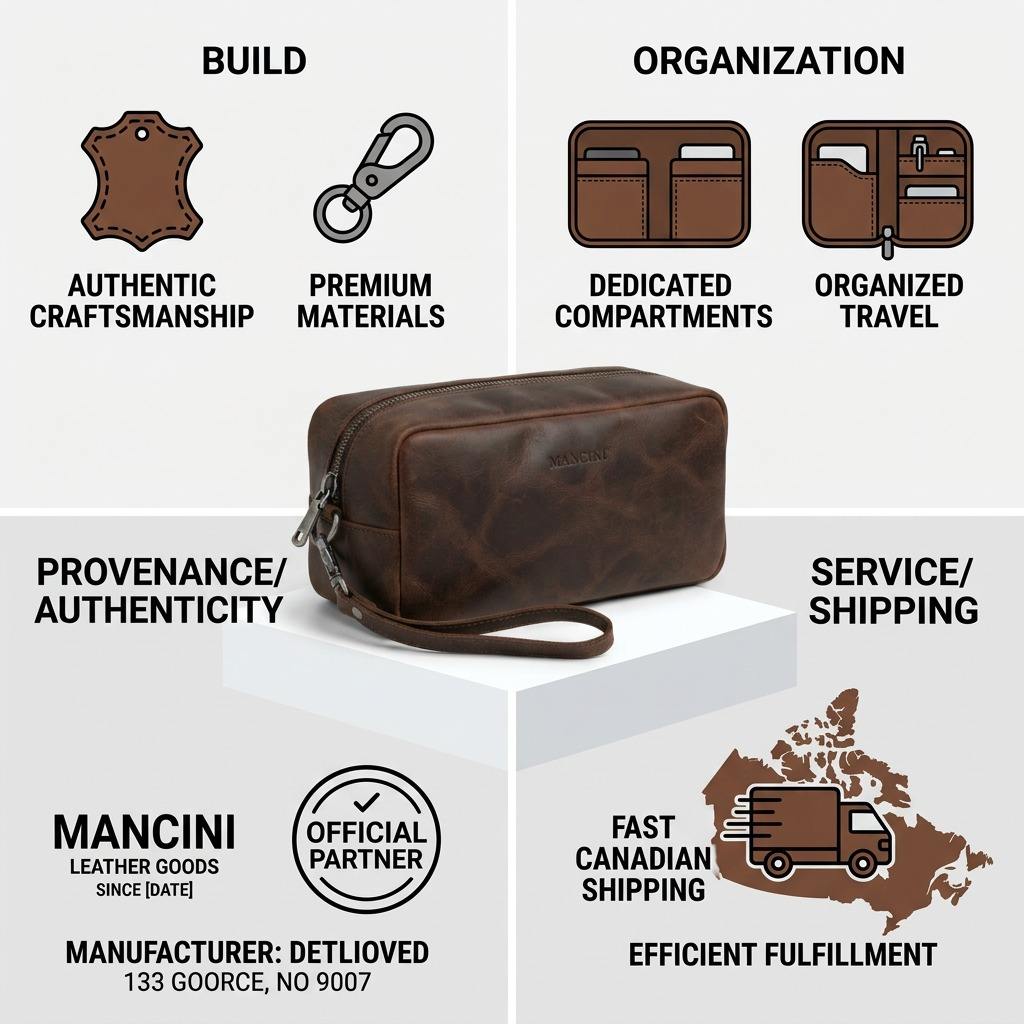 Infographic for Mancini Buffalo Leather Toiletry Kit detailing build, organization, and shipping.