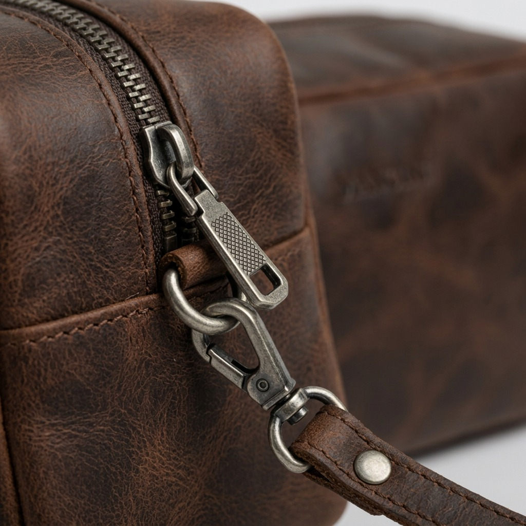 Macro view of brown Mancini buffalo leather toiletry kit showing textured grain, metal zipper, and clip.