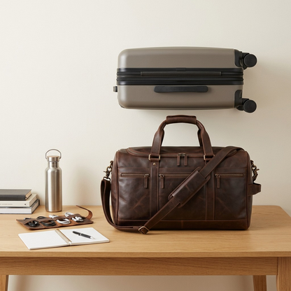 Brown Mancini leather duffle bag on a desk next to a water bottle, notebook, and hardside suitcase.