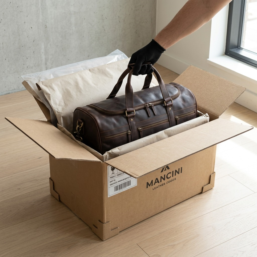 A gloved hand lifting the brown Mancini leather duffle bag from a secure cardboard shipping box.