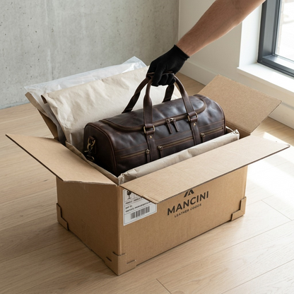 A gloved hand lifting the brown Mancini leather duffle bag from a secure cardboard shipping box.