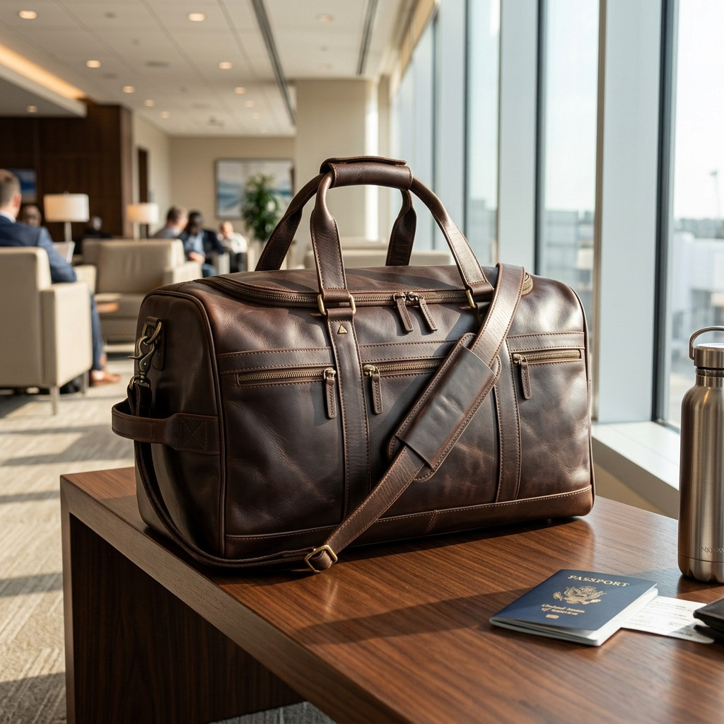 Brown Mancini top grain leather carry-on duffle bag on a table in a bright airport lounge.