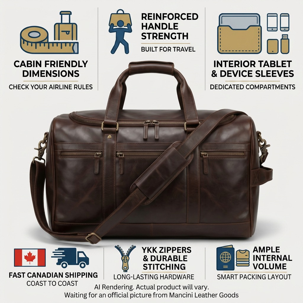 Mancini leather carry-on duffle bag infographic highlighting cabin size and Canadian shipping.