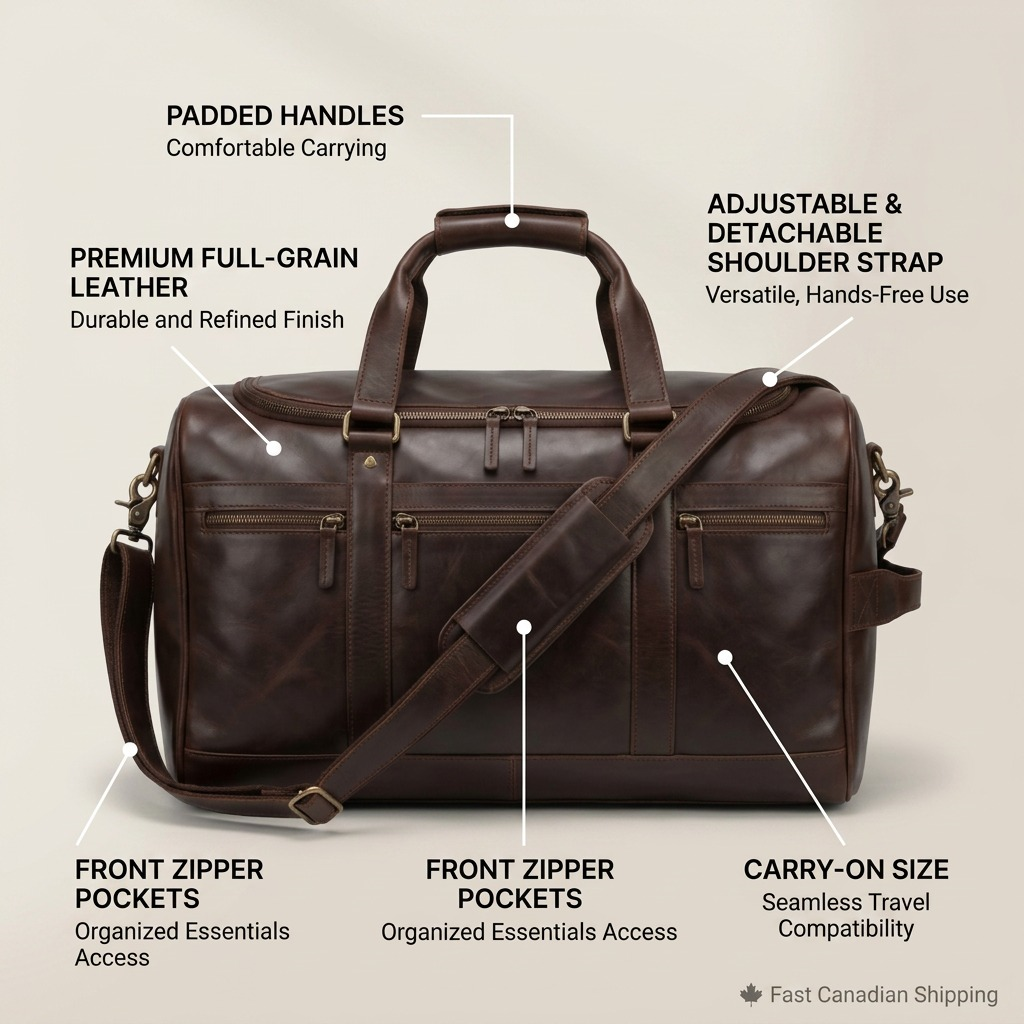 Brown Mancini leather duffle bag with callouts for padded handles, shoulder strap, and pockets.