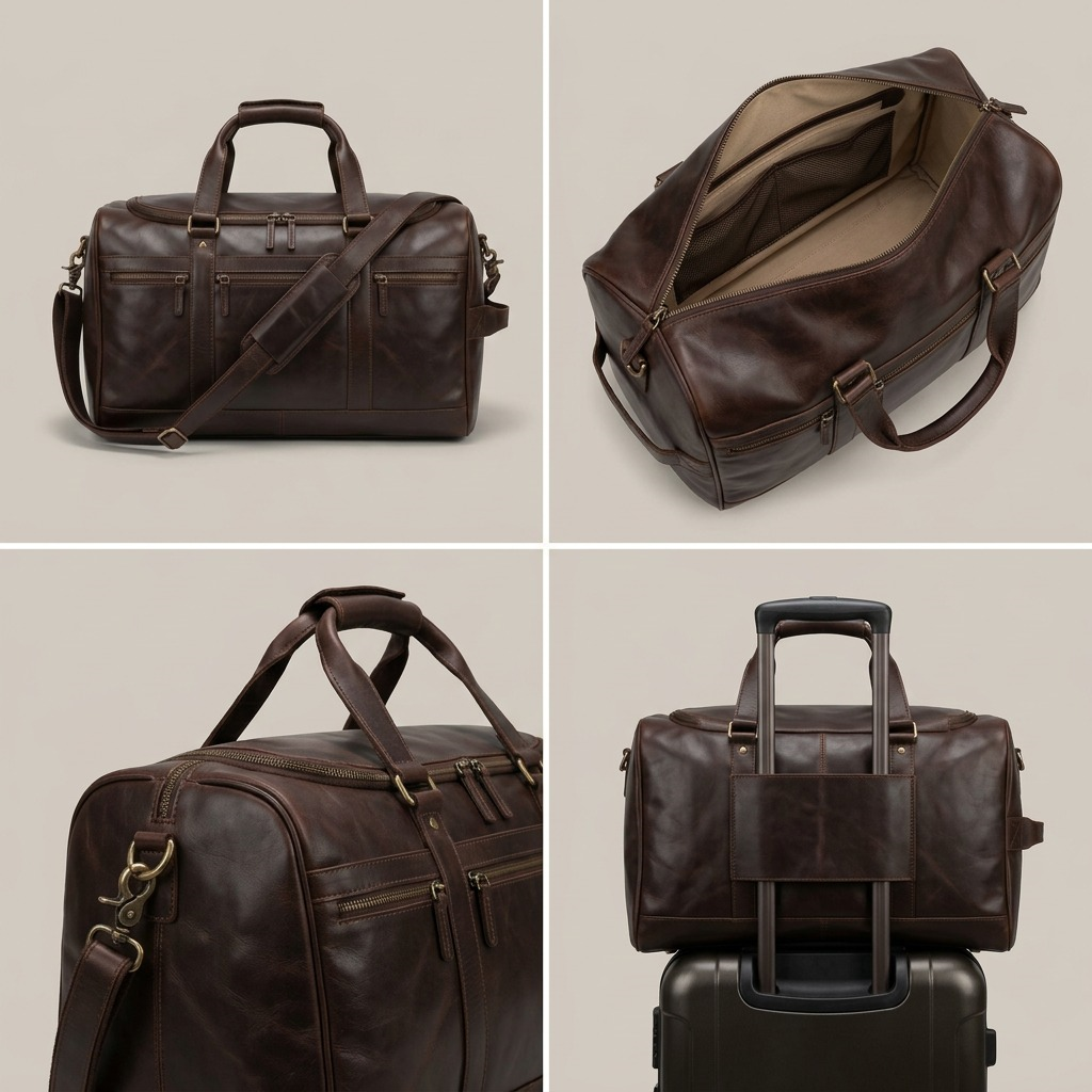 Four angles of the Mancini Brown Leather Carry-On Duffle showing the interior and trolley sleeve.