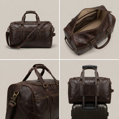 Four angles of the Mancini Brown Leather Carry-On Duffle showing the interior and trolley sleeve.