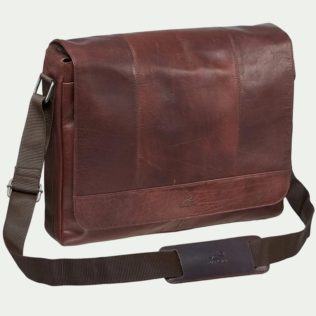 Brown Mancini Buffalo Collection leather messenger bag with adjustable shoulder strap and logo.