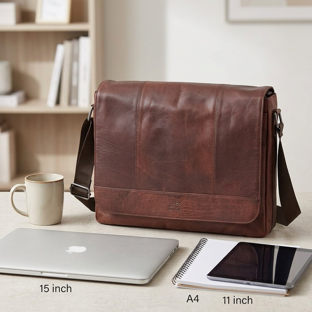 Brown Mancini leather messenger bag displayed next to a 15-inch laptop and a tablet for scale.