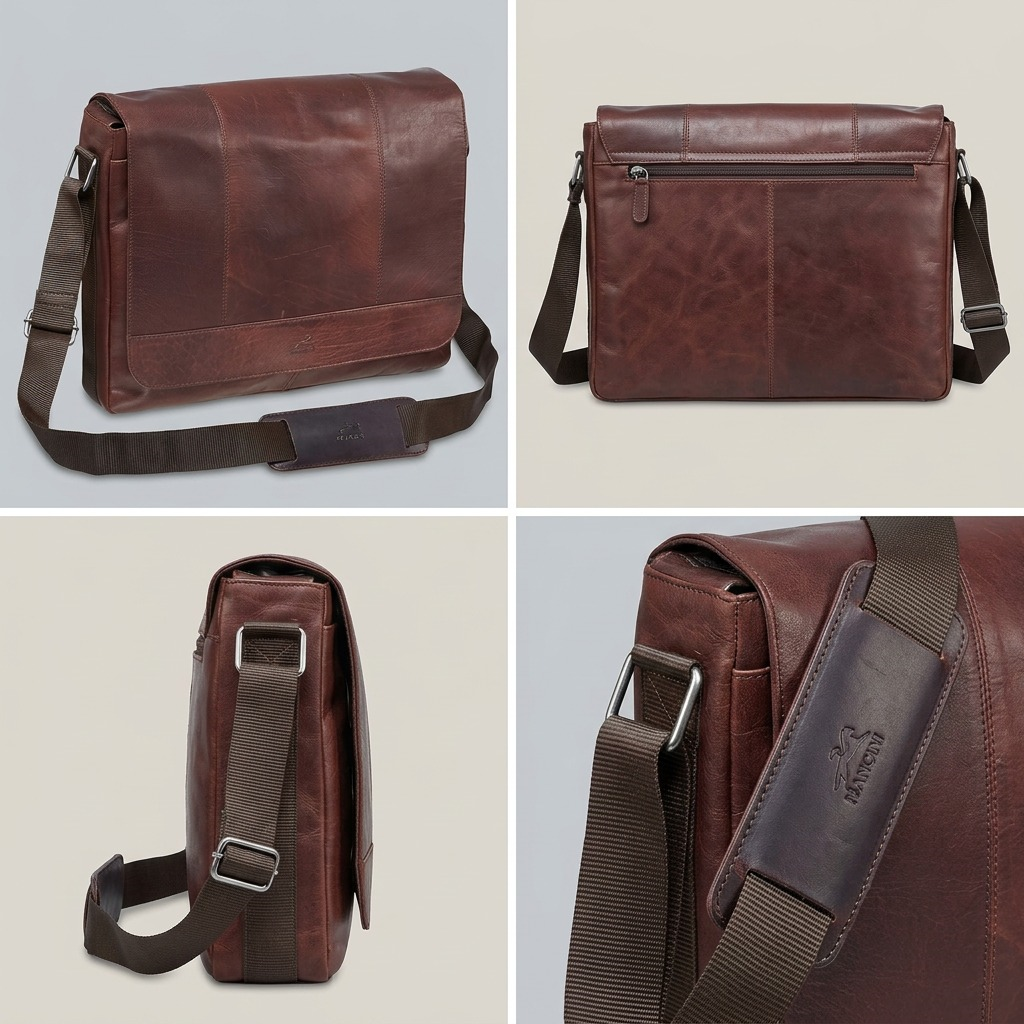 A four-image grid of the Mancini brown buffalo leather messenger bag showing front, back, side, and strap detail.