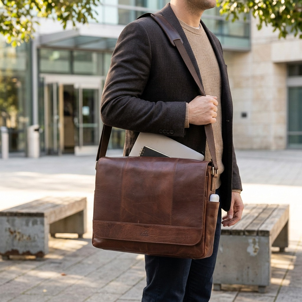 A person wears a brown Mancini Buffalo Leather Messenger Bag with a 15.6 inch laptop inside.