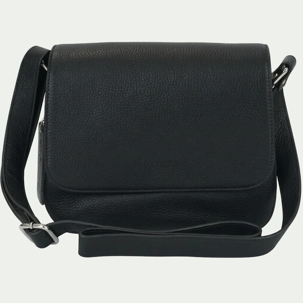 An ultra-clear, high-resolution front view product photograph of the Mancini Leather Goods Alison Crossbody Handbag in black, centered on a seamless pure white background, with a soft, clean natural shadow.