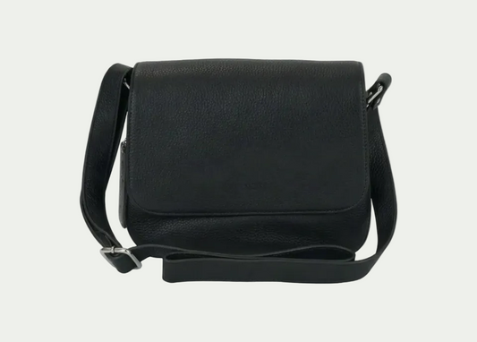 An ultra-clear, high-resolution front view product photograph of the Mancini Leather Goods Alison Crossbody Handbag in black, centered on a seamless pure white background, with a soft, clean natural shadow.