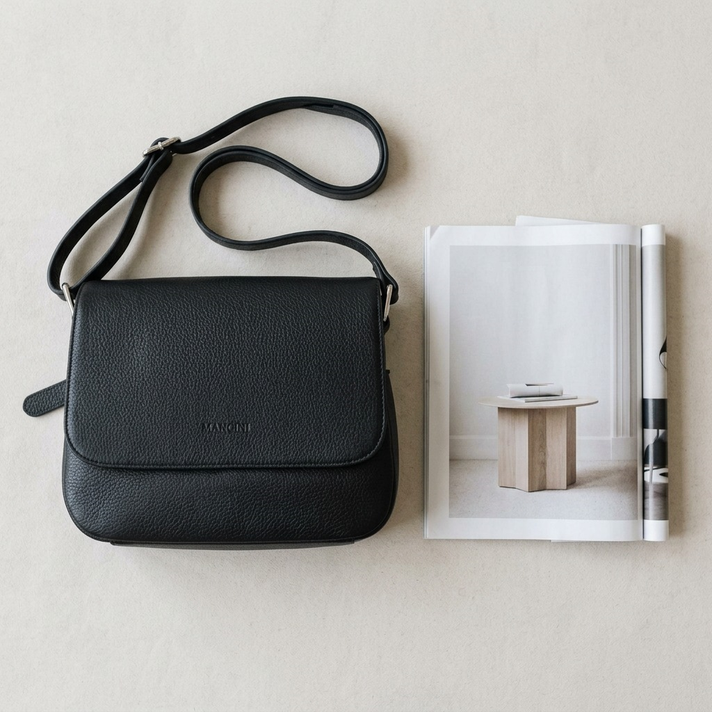 The Mancini Leather Goods Alison Crossbody Handbag is displayed next to a standard magazine for scale.