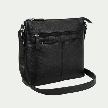 Mancini black top-grain leather crossbody bag with multiple zippered pockets and an adjustable strap.