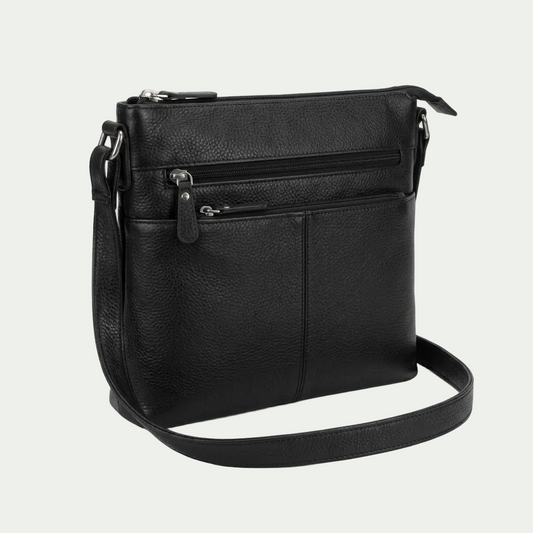 Mancini black top-grain leather crossbody bag with multiple zippered pockets and an adjustable strap.