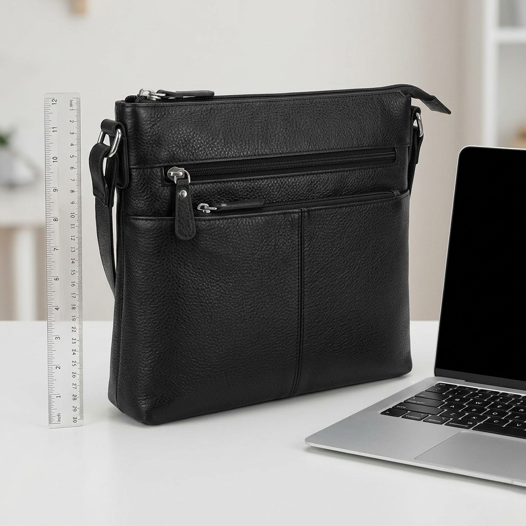 Black Mancini leather crossbody bag shown next to a 12-inch ruler and laptop for scale reference.