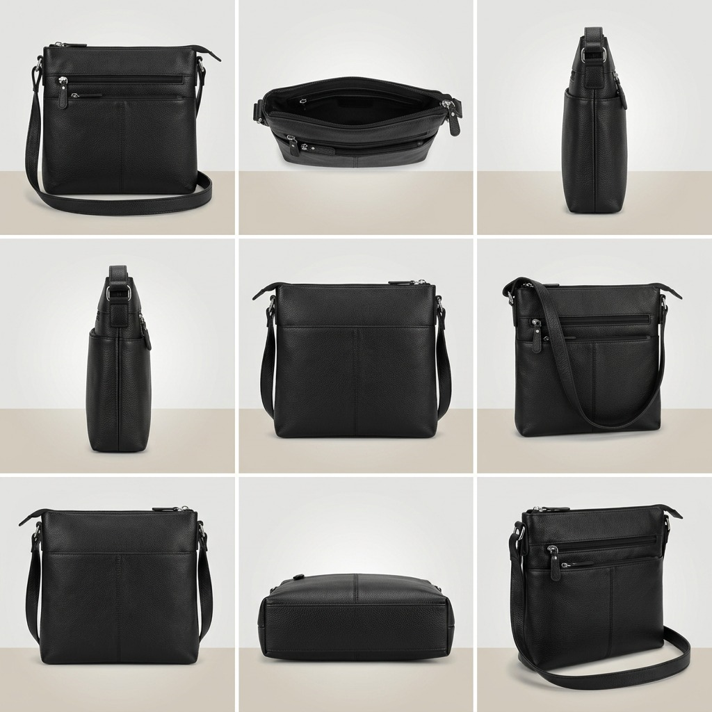 Grid of 9 views showing the Mancini black grain leather crossbody bag from all angles and interior.