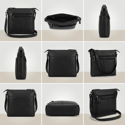 Grid of 9 views showing the Mancini black grain leather crossbody bag from all angles and interior.