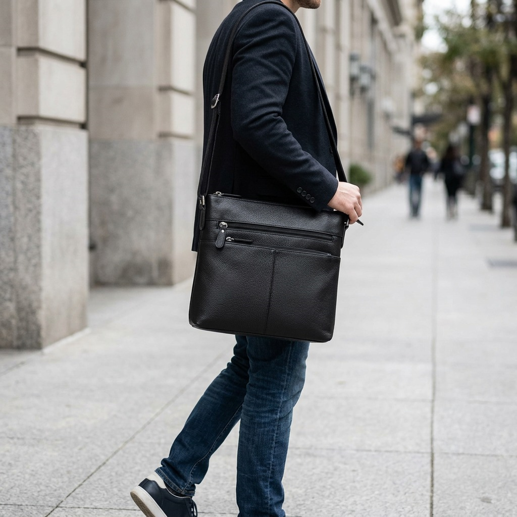 A man walking on a city sidewalk wearing a black Mancini top-grain leather crossbody messenger bag.