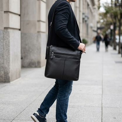 A man walking on a city sidewalk wearing a black Mancini top-grain leather crossbody messenger bag.