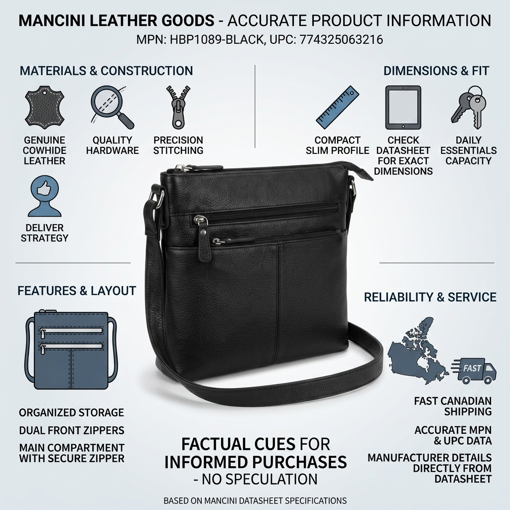 Infographic for the Mancini Black Leather Crossbody Bag detailing materials, slim fit, and shipping.