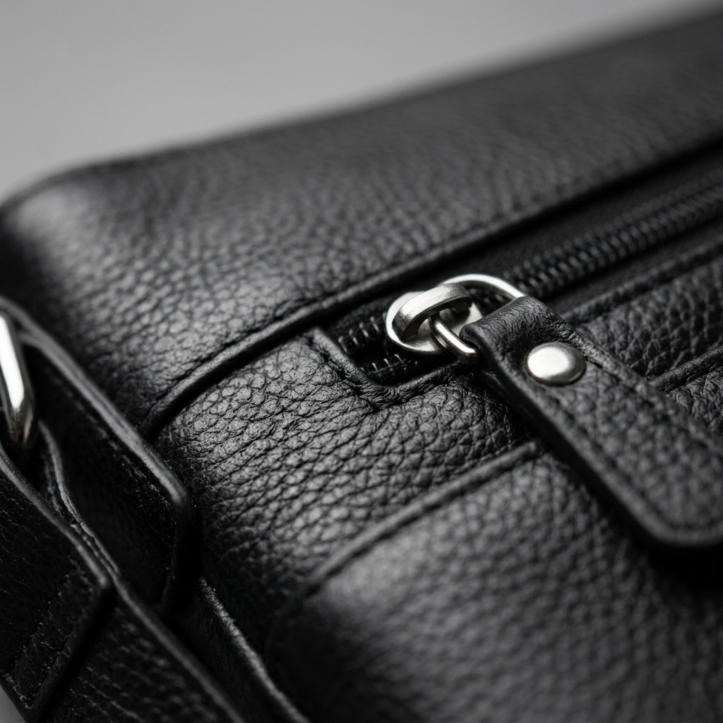 Macro view of the black top-grain oily leather texture and metal zipper on the Mancini Buffalo Kit.