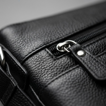 Macro view of the black top-grain oily leather texture and metal zipper on the Mancini Buffalo Kit.