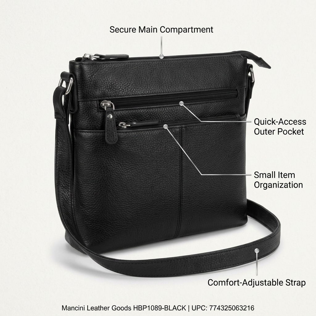 Feature graphic of a Mancini black leather cross-body bag highlighting its pockets and strap.