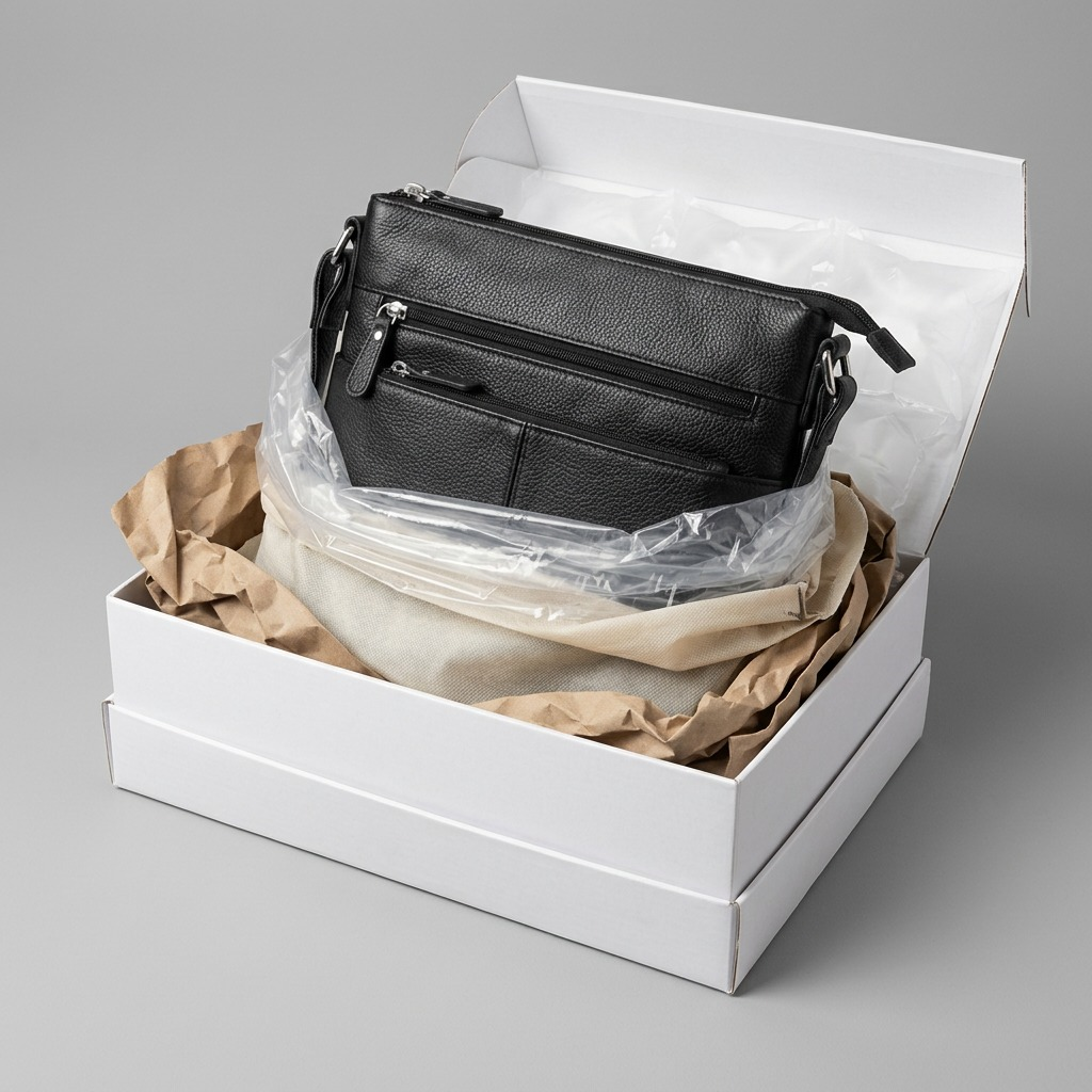 Black Mancini leather toiletry kit securely packed in a shipping box with protective materials.