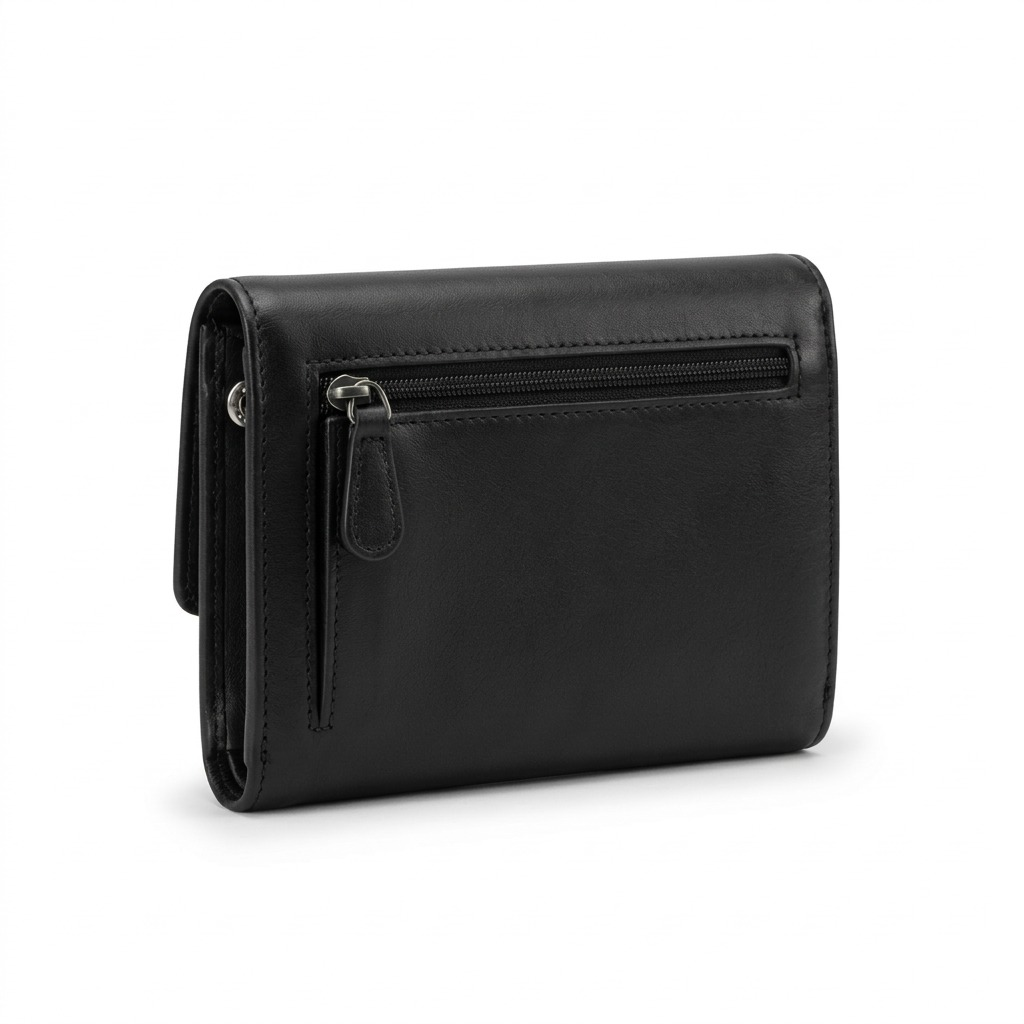Mancini Ladies Small Clutch Wallet in black leather, showing rear zipper and side stud, pure white background.