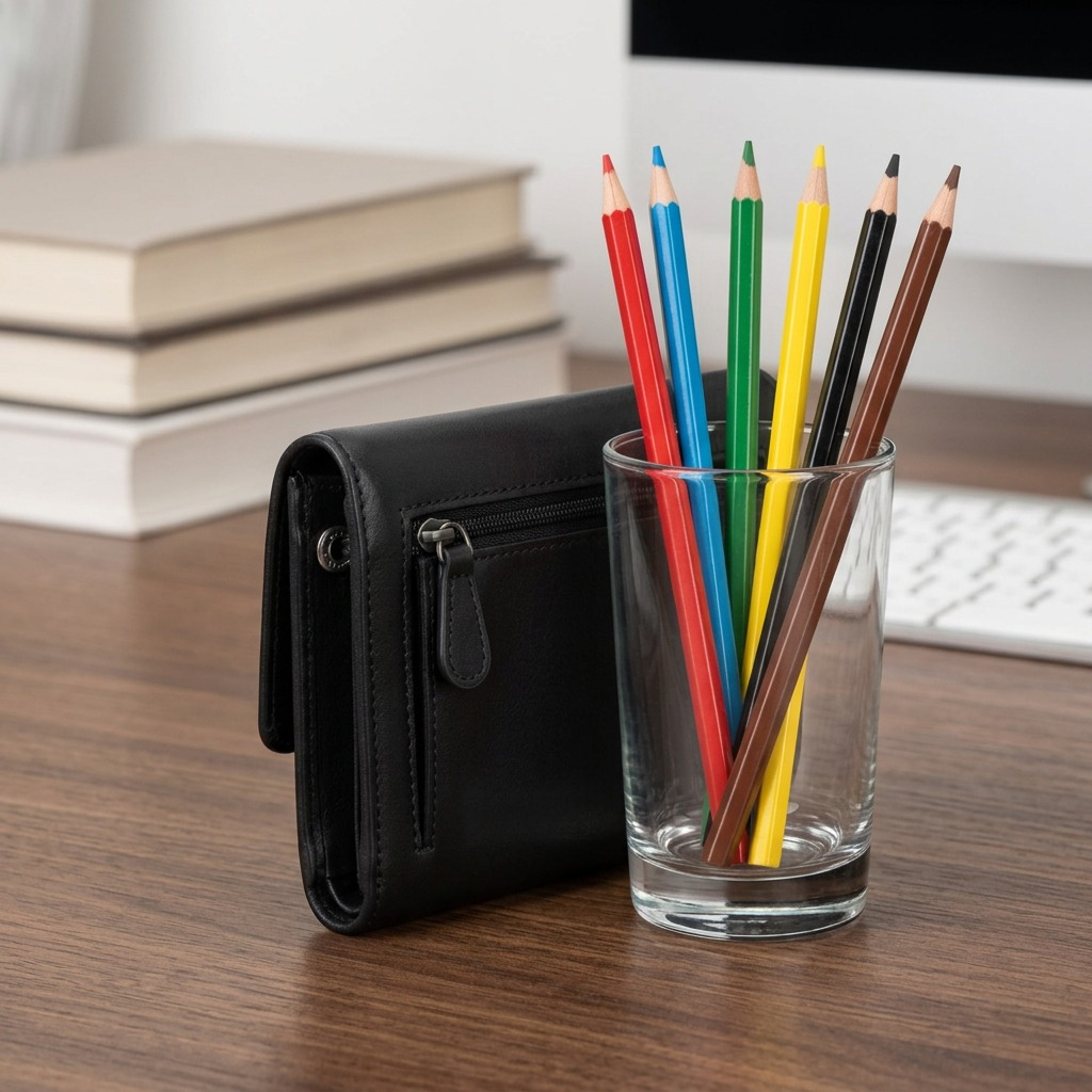 Black leather clutch wallet next to a glass with pencils for scale on a desk.