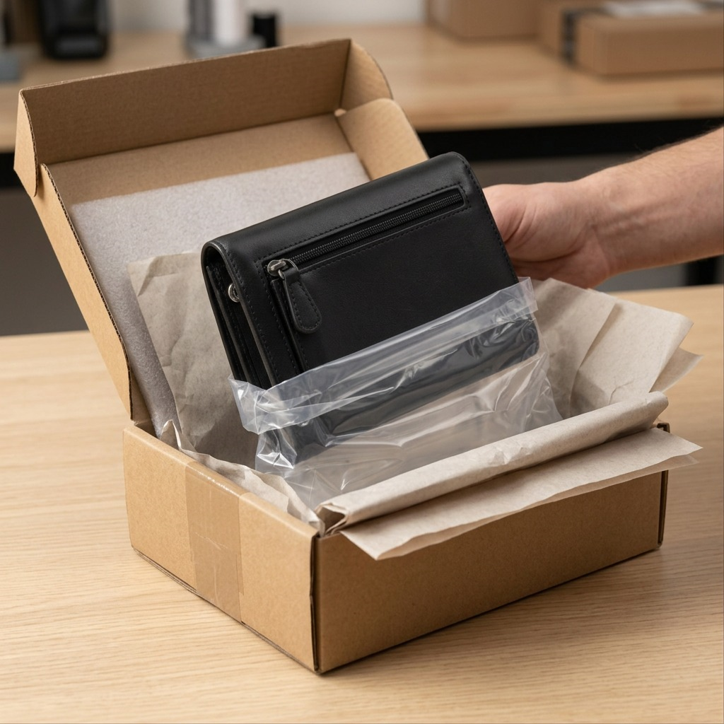 A photograph of the black leather wallet from image 0.png partially unboxed from neutral protective layers on a clean surface.