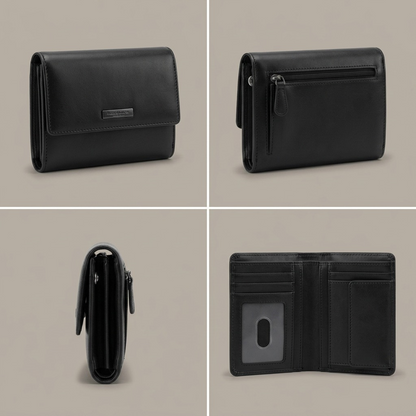 A product matrix image showcasing the Mancini Leather Goods 8700294 wallet from front, back (zipper view), side, and open perspective.