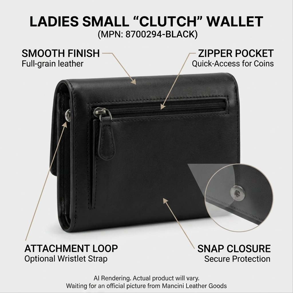 A graphical callout visual of the black Mancini women's leather wallet, highlighting key features.