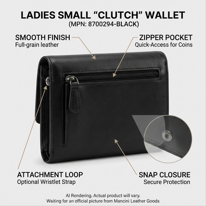 A graphical callout visual of the black Mancini women's leather wallet, highlighting key features.