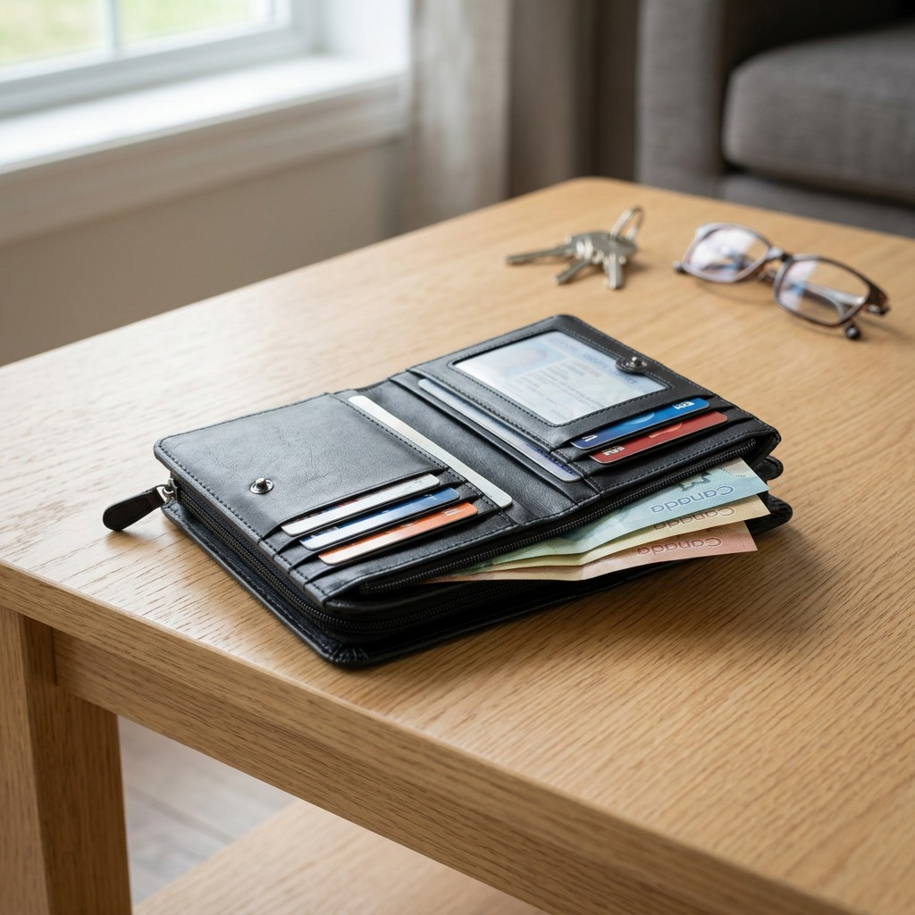 A realistic candid photograph of the open Mancini LADIES SMALL CLUTCH WALLET as seen in image_0.png, resting on a clean wooden table. Natural daylight illuminates the various compartments, clear card windows, multiple slots filled with a few credit cards, and cash, demonstrating its realistic scale and organization in daily use. All details from image_0.png are accurately preserved in composition.